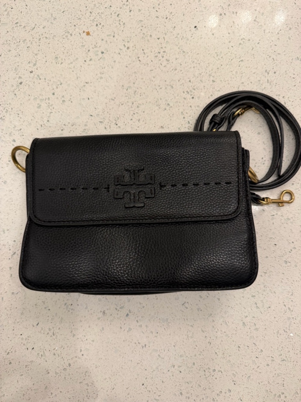 Tory Burch Black Pebbled Leather Crossbody with Logo Flap